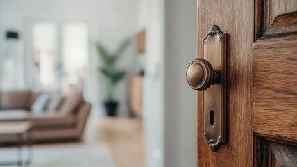 Obraz premium Slightly open wooden door revealing a blurred, modern style apartment interior, focusing on the metal handle