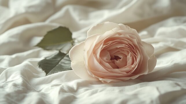 A single pale pink rose lies on a white bed sheet, creating a soft and romantic scene.