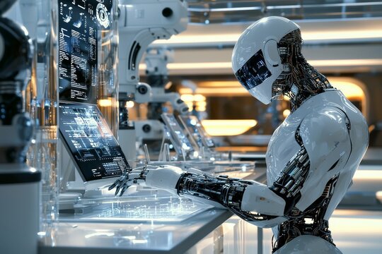 Create a highly detailed, futuristic laboratory setting with a focus on a humanoid robot working at a high-tech workstation
