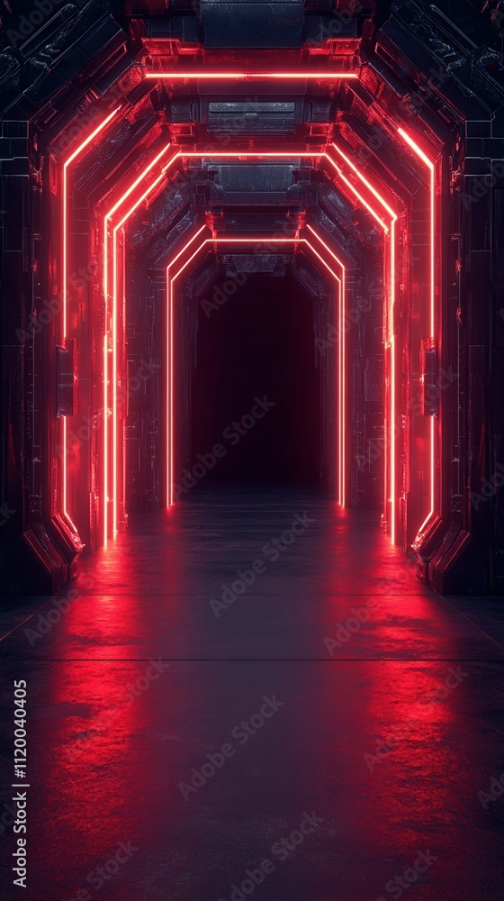 Poster a futuristic corridor illuminated by glowing red lights, creating a dramatic and technological atmos