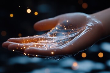 An open hand cradles a shimmering pool of water, illuminated with sparkling lights that create a magical, ethereal effect in an abstract portrayal of human emotion.