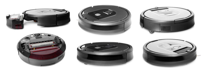 Modern robotic vacuum cleaner isolated on white, collage