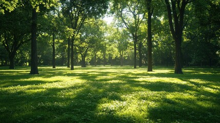 A lush green forest with sunlight streaming through the trees.