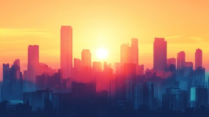 Cityscape Silhouette at Sunset Golden Hour Glow