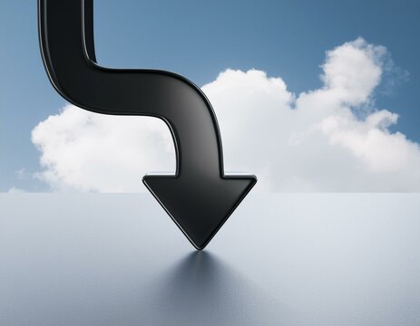 Abstract black downward chart arrow on light sky with clouds and mock up place backdrop. Down, drop, finance and crisis concept. 3D Rendering.