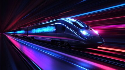 Fototapeta premium A sleek, silver high-speed train races through a tunnel, leaving a trail of vibrant neon light streaks in its wake.