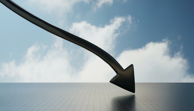 Abstract black downward chart arrow on light sky with clouds and mock up place backdrop. Down, drop, finance and crisis concept. 3D Rendering.