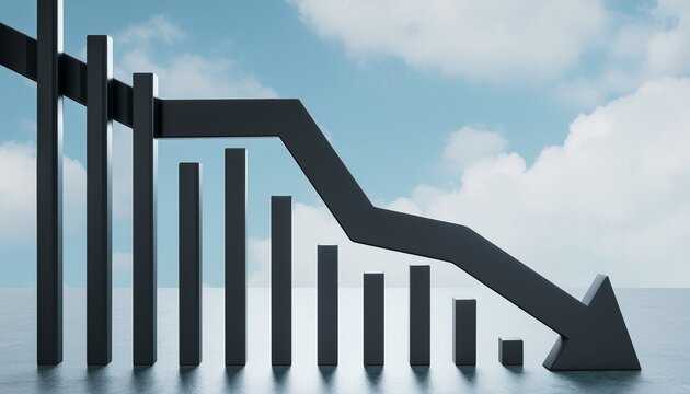 Abstract black downward chart arrow on light sky with clouds and mock up place backdrop. Down, drop, finance and crisis concept. 3D Rendering.