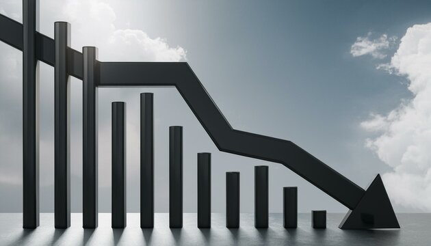 Abstract black downward chart arrow on light sky with clouds and mock up place backdrop. Down, drop, finance and crisis concept. 3D Rendering.