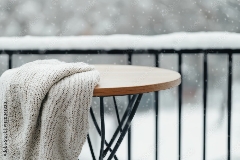 Poster cozy blanket resting on empty cafe table during gentle snowfall in early morning light