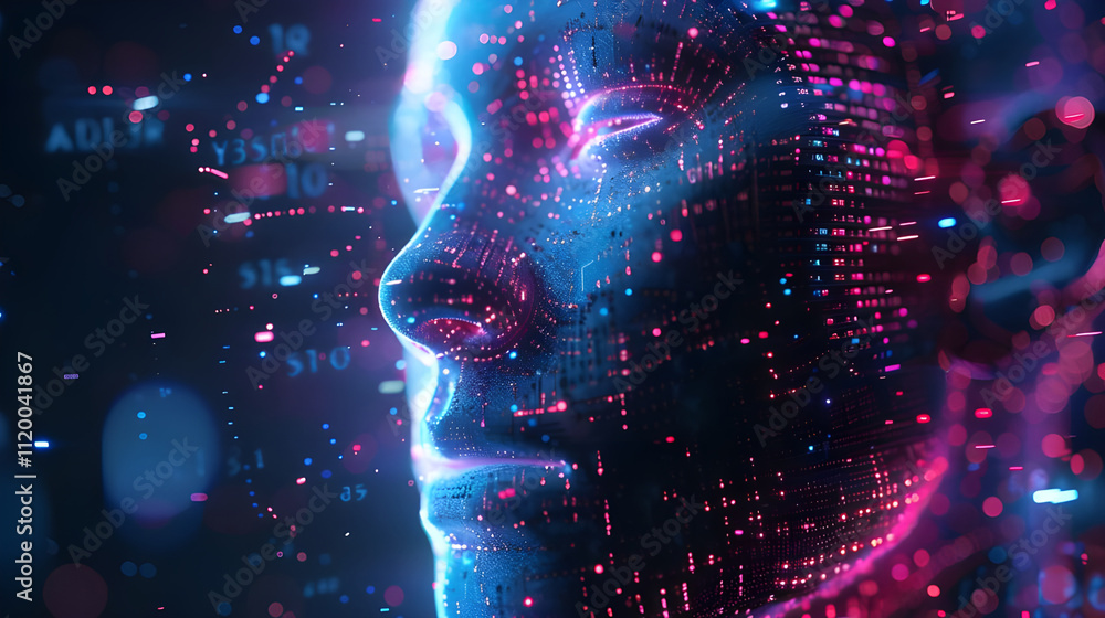 Poster futuristic digital human face composed of glowing particles and binary code.