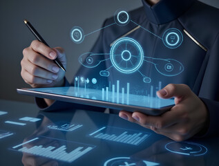 A person interacting with futuristic digital analytics and data visualization interfaces, using a stylus on a tablet, with holographic charts, graphs, and technology icons floating in the air, symboli