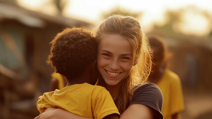 Joyful embrace between child and volunteer in community setting