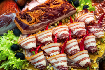 Bacon Slices with Red Hot Pepper, Top View - Original Snack, Table Decoration.