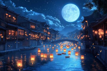 Obraz premium Create a serene and atmospheric night scene of a traditional Chinese water town