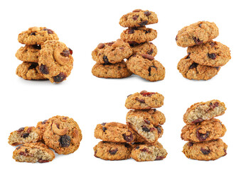 Tasty cookies with nuts and dried cranberries isolated on white