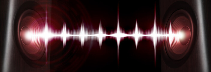 Sound waves between loudspeakers on black background, banner design