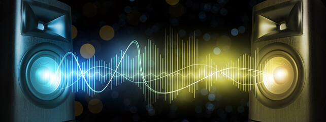 Sound waves between loudspeakers on black background, banner design