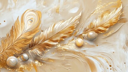An illustration art décor wall art of golden feathers and beige marbles on a canvas of paint. Generative Ai