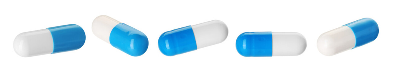 Antibiotic pills isolated on white, set. Medication