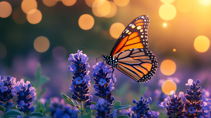 A butterfly is sitting on a purple flower. The butterfly is orange and black. The flower is purple and has a lot of petals