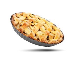 Delicious traditional apple pie in air on white background