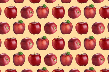 Pattern of fresh red apples on pink beige background