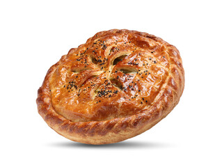 Tasty homemade pie with filling in air on white background