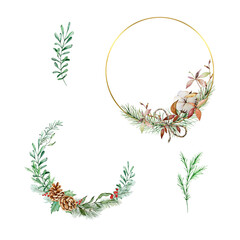 Christmas wreaths set with watercolor winter greenery floral