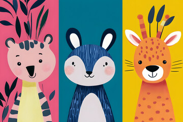 Obraz premium Playful Kids' Greeting Cards with Cartoon and Animal Designs 