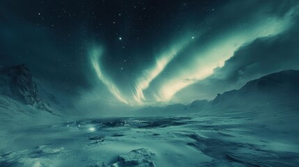 Naklejka premium A mesmerizing view of the aurora borealis dancing over a snowy landscape. The green and white lights illuminate the vast expanse of snow and ice, creating a breathtaking spectacle.