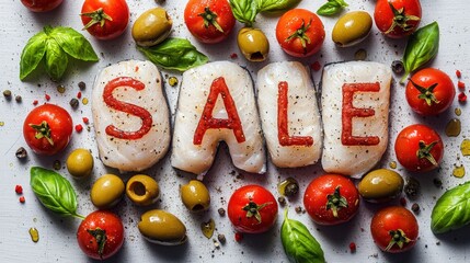 Fresh ingredients display with sale announcement featuring tomatoes and basil