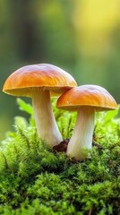 Fototapeta premium Two Orange Mushrooms Growing Among Green Moss