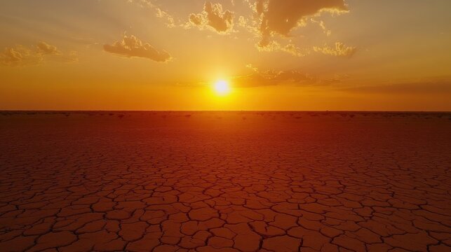 Aerial view of cracked soil under a warm orange sky, evoking urgency for environmental action and water conservation