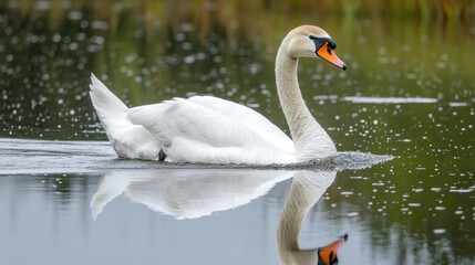 Obraz premium A graceful white swan swims in a lake, its reflection visible in the water.