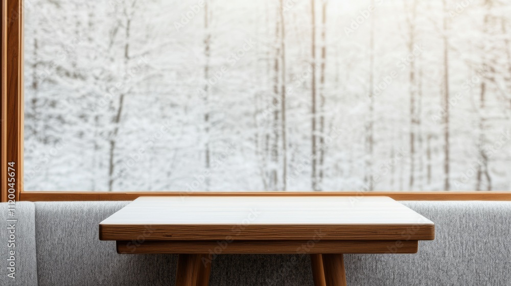 Poster empty table in warm cafe overlooking snow covered trees in winter sunlight