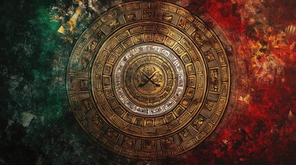 Obraz premium The Mexican flag with intricate Aztec inspired patterns and earthy tones