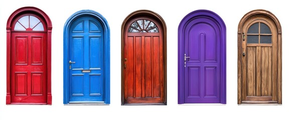 A set of five doors, each unique in color and design, isolated against a clean white background.