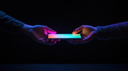 Two hands exchange a smartphone glowing brightly
