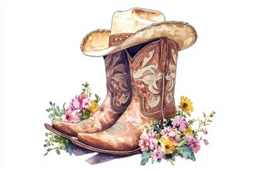 Cowboy boots for cowgirl with bouquet of flowers and hat isolated on white. Generative AI.
