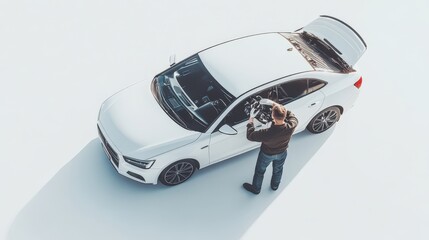 Man Inspecting White Car Trunk Interior