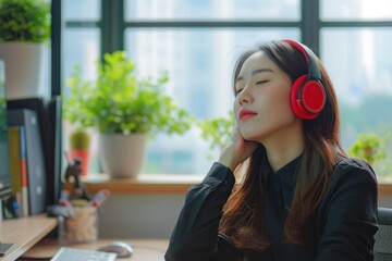 Fototapeta premium Asian office worker enjoys music break in modern office.