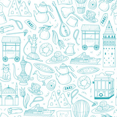 Turkiye and Istanbul doodles seamless pattern for wallpaper, wrapping paper, backgrounds, packaging, prints, stationery, textile, etc. EPS 10