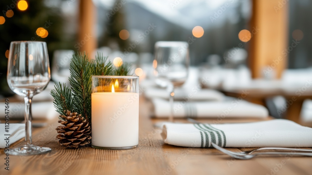 Poster festive winter table setting with candle, pine branch and pinecone