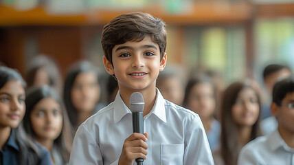 A handsome young Indian boy in school uniform is giving a speech with a microphone to a group of students in a meeting room.