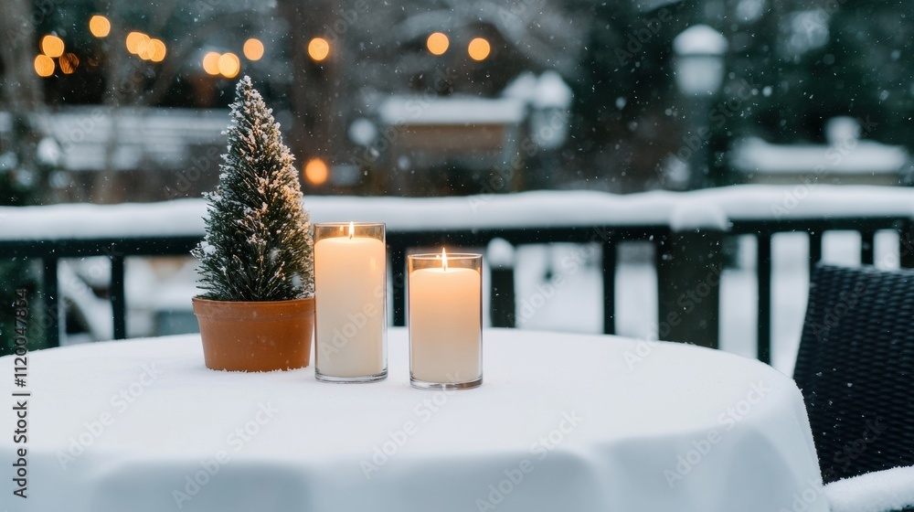 Poster Festive winter table setting with candles and miniature tree during snowfall