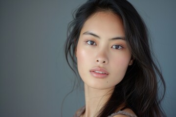 Asian woman poses for camera in studio photography session.