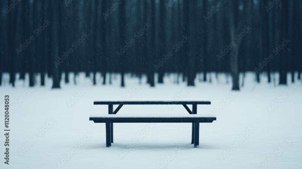 Poster Snow falling on empty picnic table in winter forest