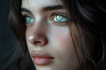 Fototapeta premium Young girl with beautiful eyes gazes away in darkness.