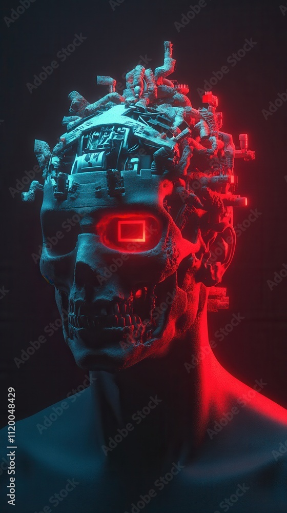 Poster a futuristic, robotic skull with glowing red eyes and a complex network of circuitry, blending techn